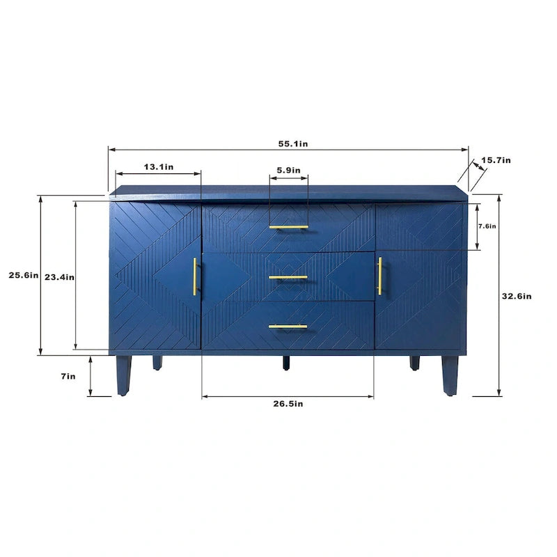Navy Blue 2-Door 3-Drawer Carved Storage Cabinet with Gold Handles
