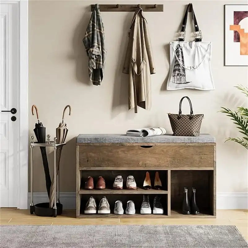 Entryway Shoe Storage Bench with Lift Top Hidden Compartment, Brown/White
