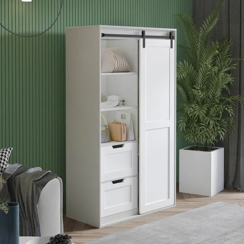 71-Inch Sliding Barn Door Wardrobe with Shelves and Drawers, White