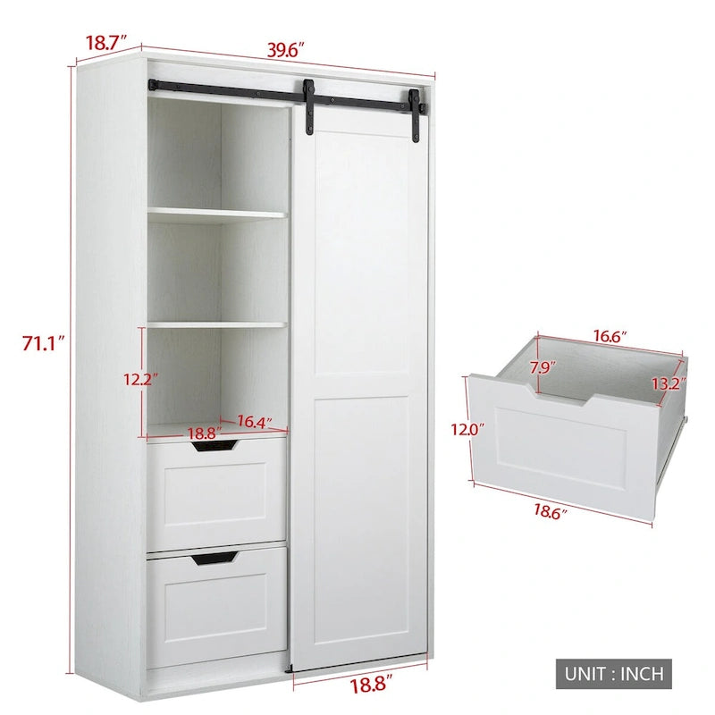 71-Inch Sliding Barn Door Wardrobe with Shelves and Drawers, White