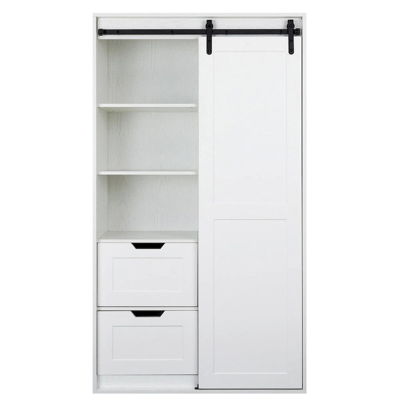 71-Inch Sliding Barn Door Wardrobe with Shelves and Drawers, White