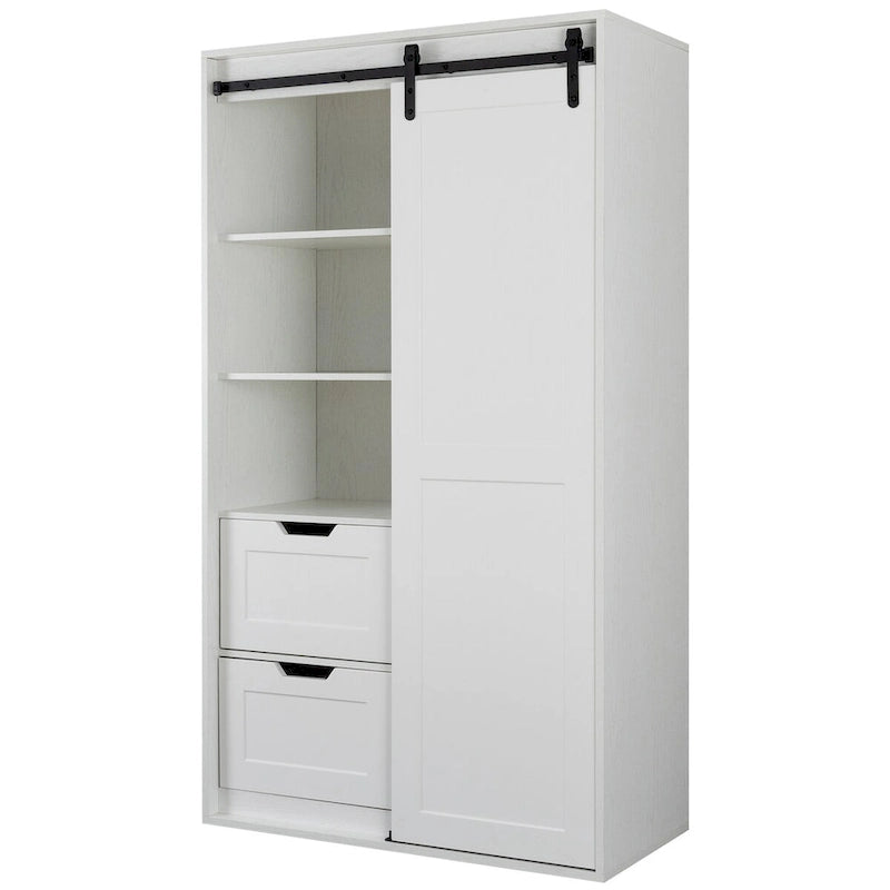 71-Inch Sliding Barn Door Wardrobe with Shelves and Drawers, White