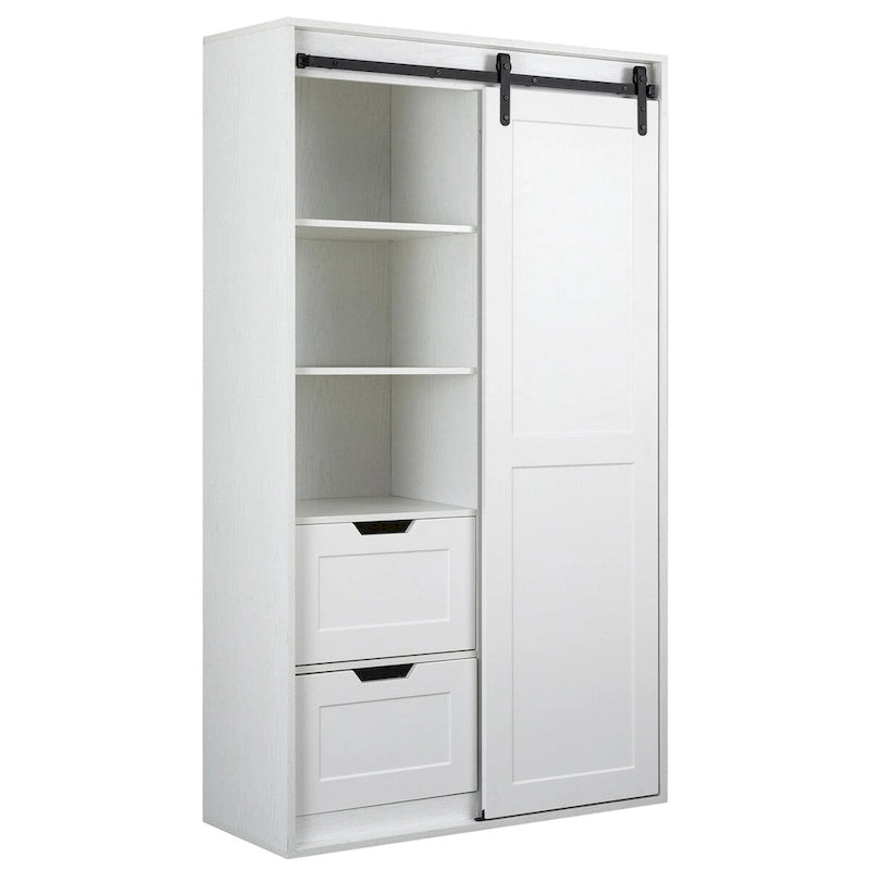 71-Inch Sliding Barn Door Wardrobe with Shelves and Drawers, White