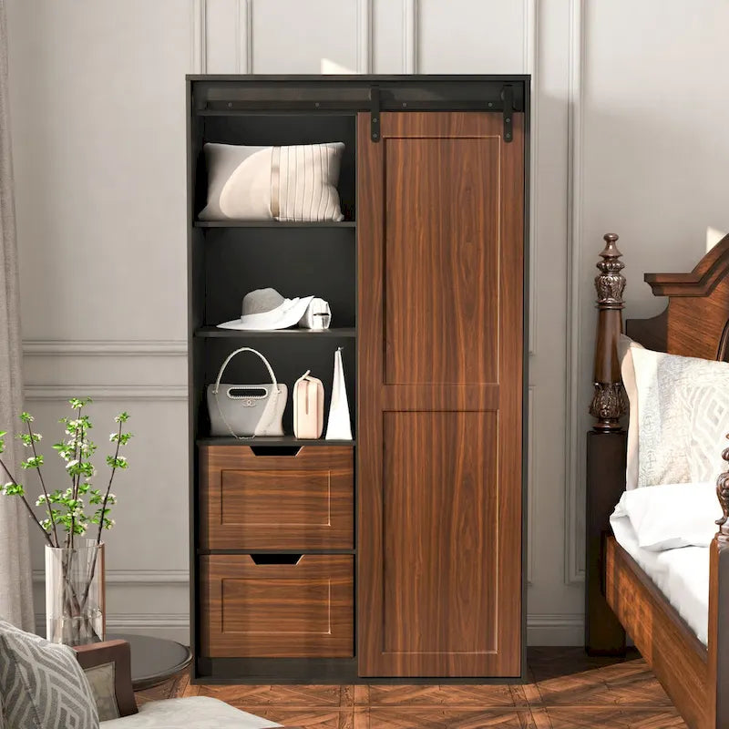 71-Inch Sliding Barn Door Wardrobe with Shelves and Drawers, White