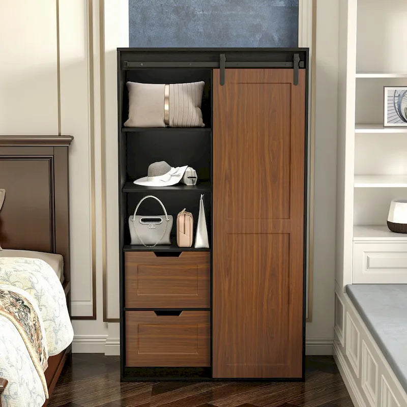71-Inch Sliding Barn Door Wardrobe with Shelves and Drawers, White