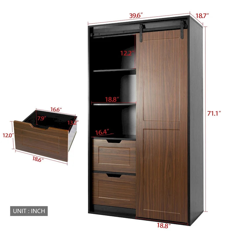 71-Inch Sliding Barn Door Wardrobe with Shelves and Drawers, White