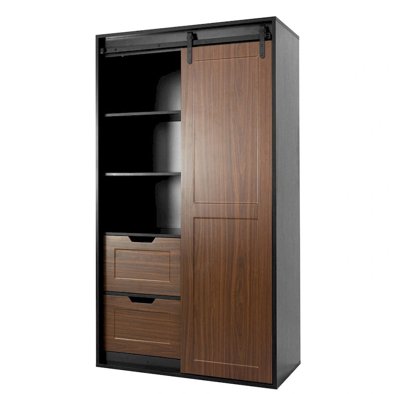 71-Inch Sliding Barn Door Wardrobe with Shelves and Drawers, White