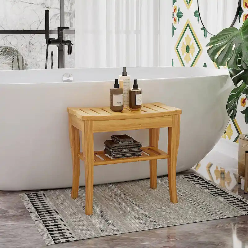 Natural Bamboo Shower Bench with Lower Storage Shelf Slatted Seat