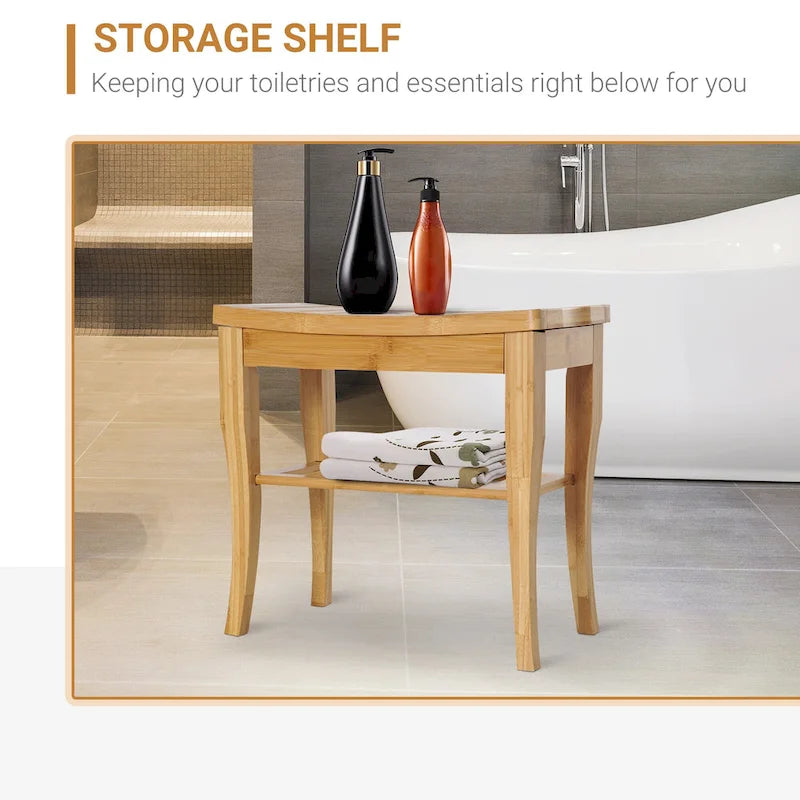 Natural Bamboo Shower Bench with Lower Storage Shelf Slatted Seat