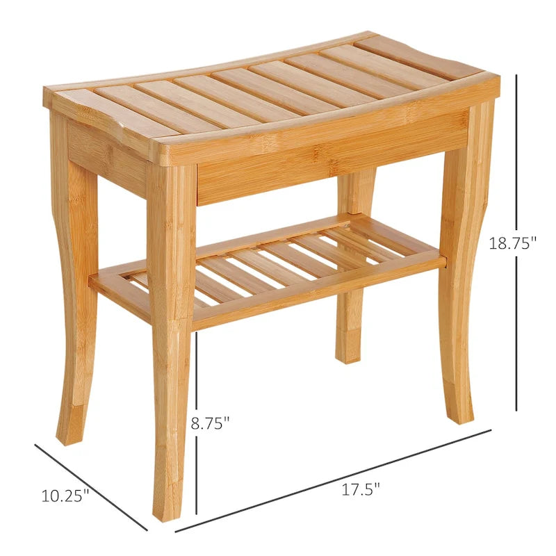 Natural Bamboo Shower Bench with Lower Storage Shelf Slatted Seat