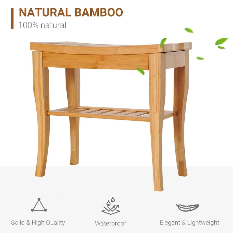 Natural Bamboo Shower Bench with Lower Storage Shelf Slatted Seat