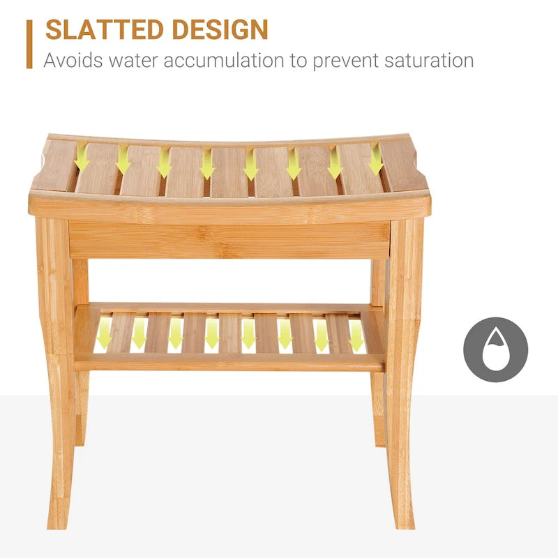 Natural Bamboo Shower Bench with Lower Storage Shelf Slatted Seat