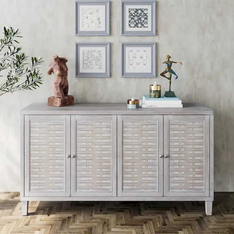 4-Door Wooden Sideboard Cabinet with Louvered Doors, White & Walnut