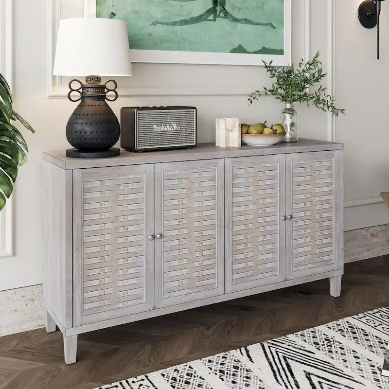 4-Door Wooden Sideboard Cabinet with Louvered Doors, White & Walnut