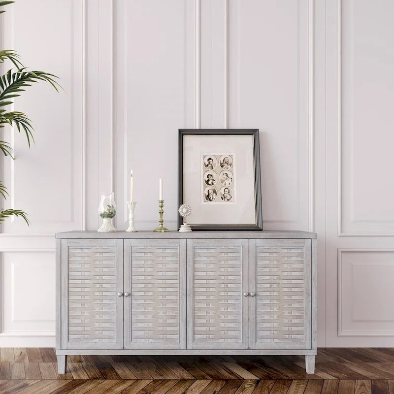 4-Door Wooden Sideboard Cabinet with Louvered Doors, White & Walnut