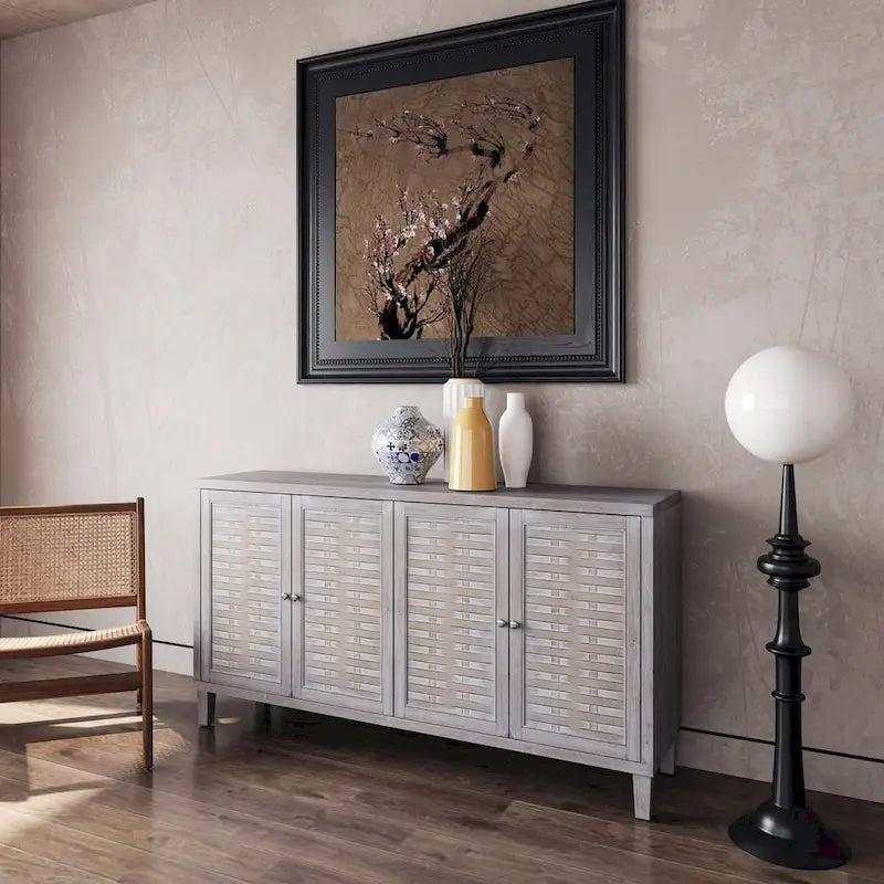 4-Door Wooden Sideboard Cabinet with Louvered Doors, White & Walnut