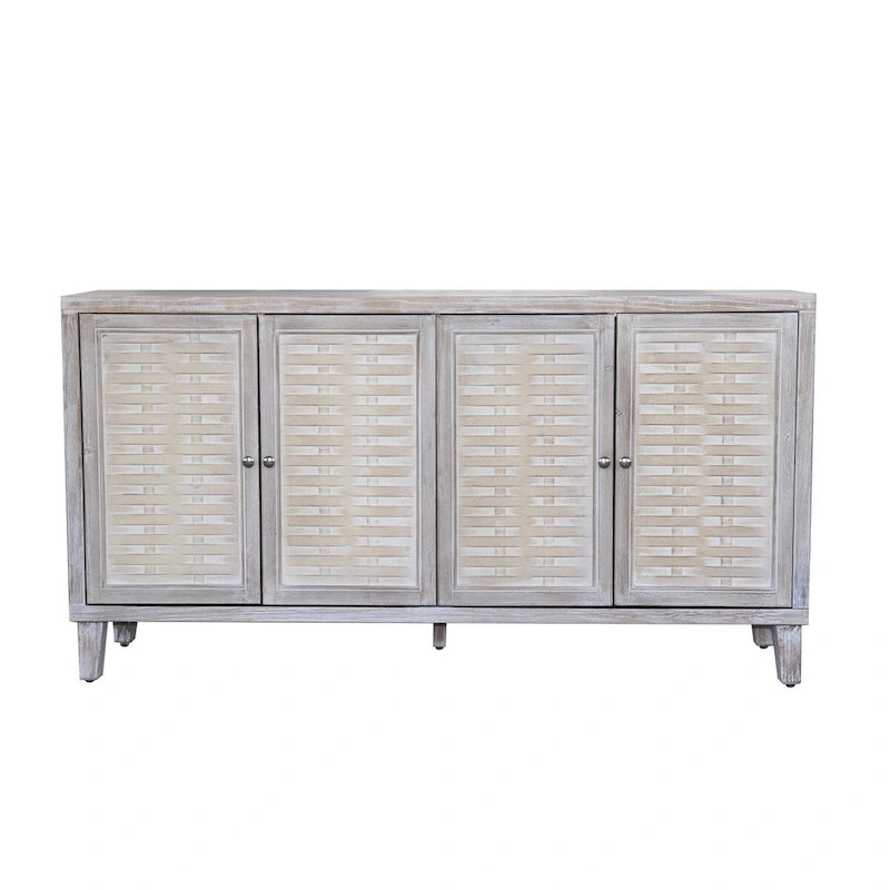 4-Door Wooden Sideboard Cabinet with Louvered Doors, White & Walnut