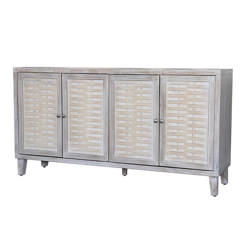 4-Door Wooden Sideboard Cabinet with Louvered Doors, White & Walnut