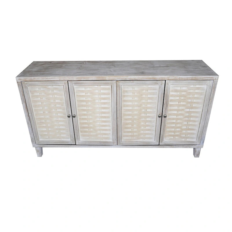 4-Door Wooden Sideboard Cabinet with Louvered Doors, White & Walnut