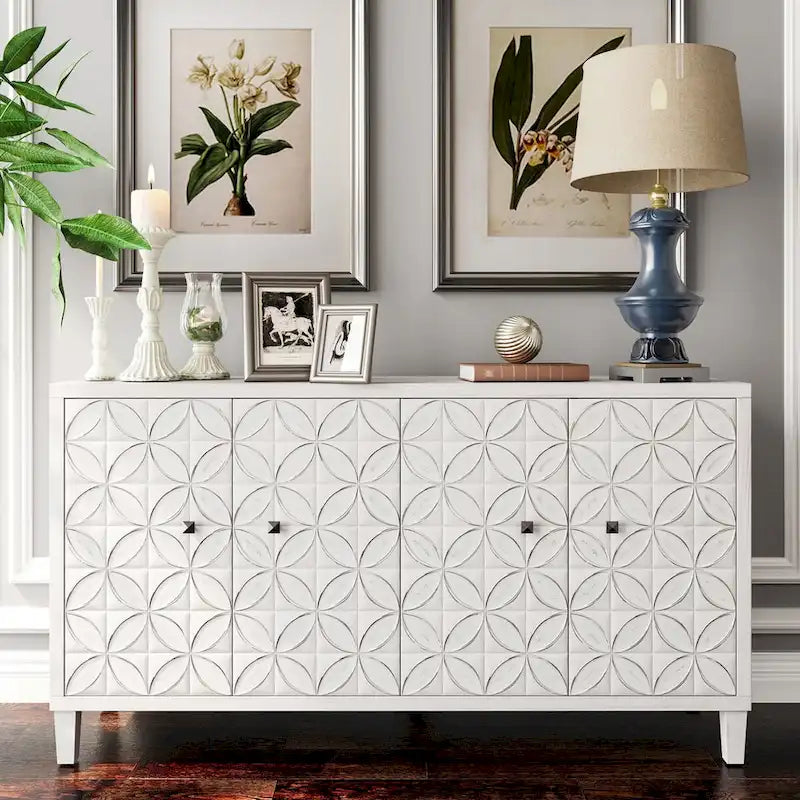 4-Door Wooden Sideboard Cabinet with Louvered Doors, White & Walnut