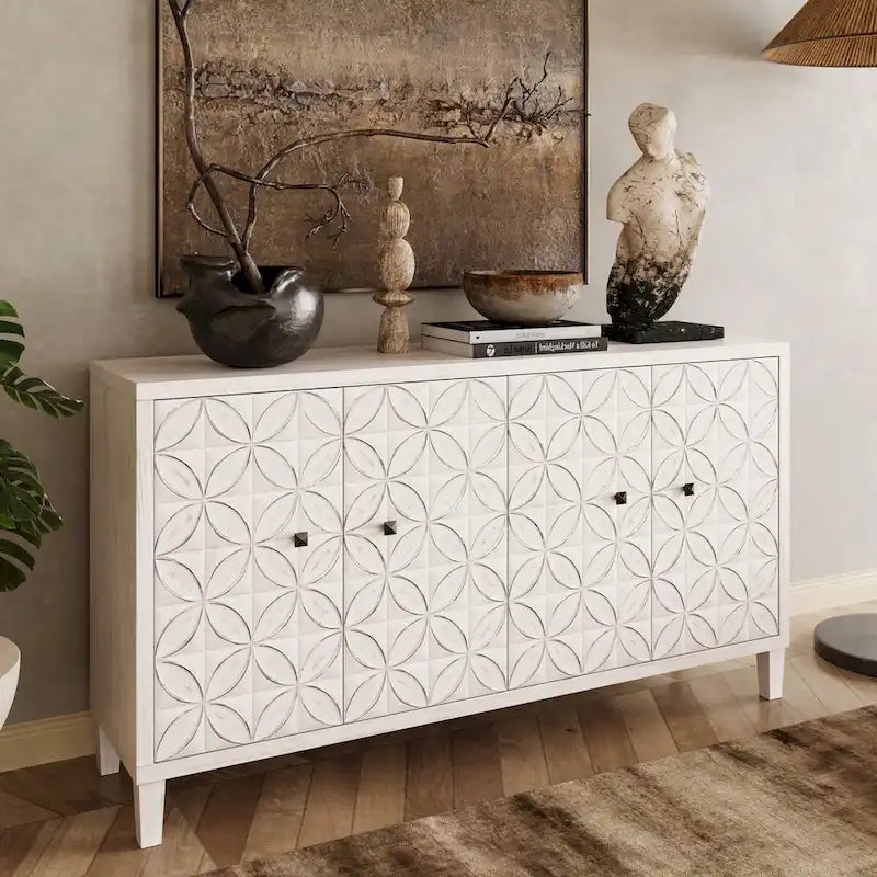 4-Door Wooden Sideboard Cabinet with Louvered Doors, White & Walnut