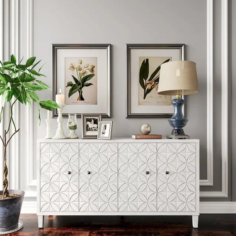 4-Door Wooden Sideboard Cabinet with Louvered Doors, White & Walnut