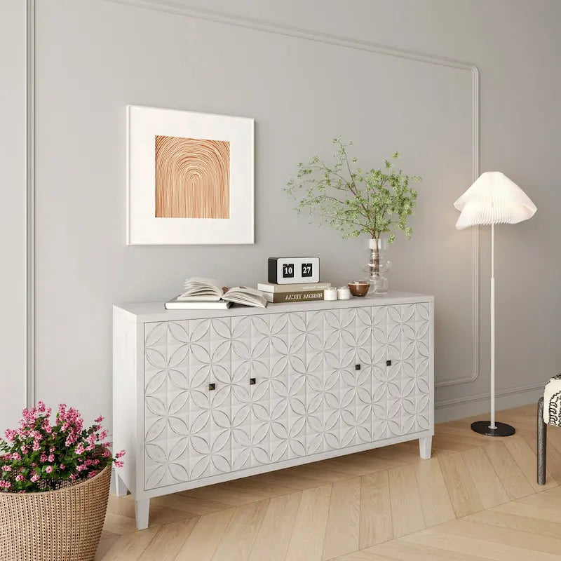 4-Door Wooden Sideboard Cabinet with Louvered Doors, White & Walnut