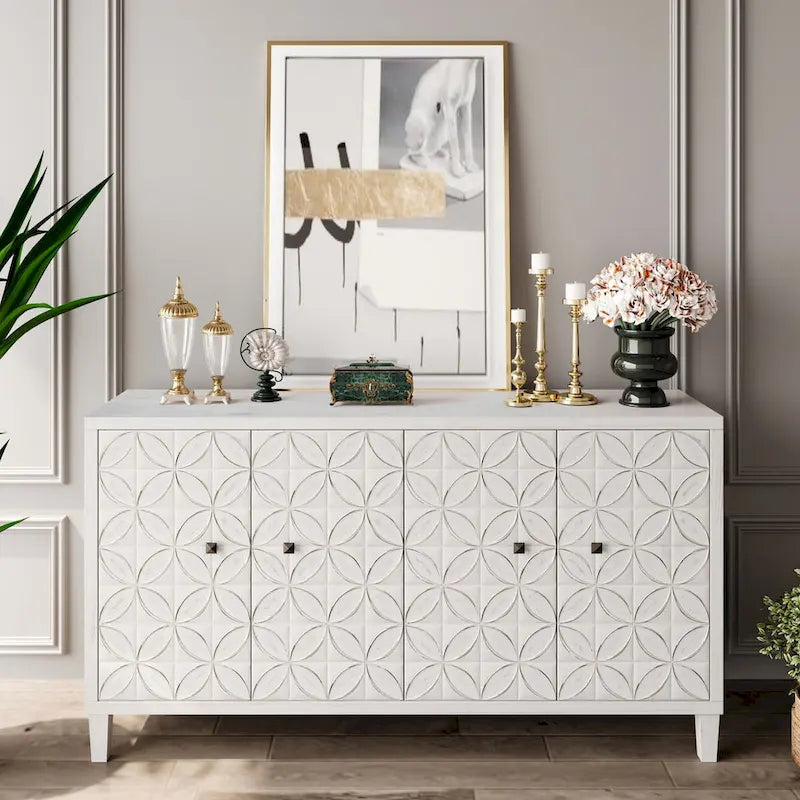 4-Door Wooden Sideboard Cabinet with Louvered Doors, White & Walnut