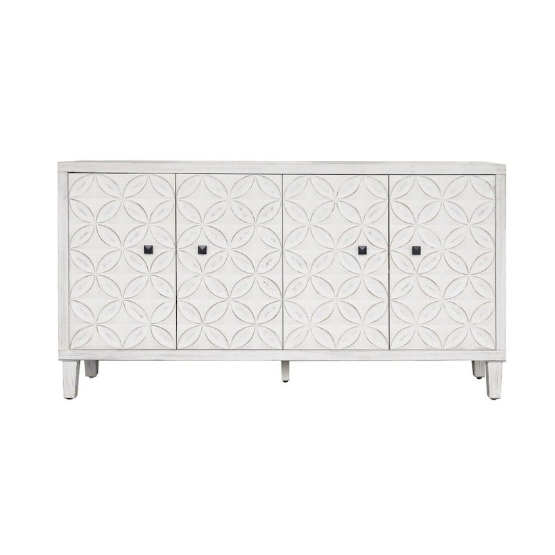 4-Door Wooden Sideboard Cabinet with Louvered Doors, White & Walnut