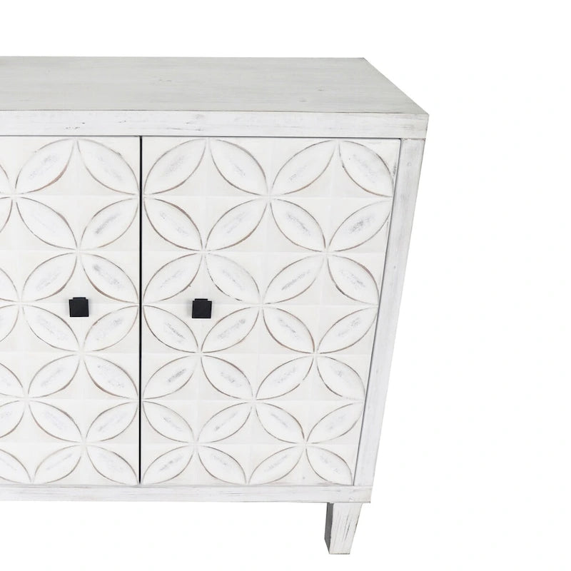4-Door Wooden Sideboard Cabinet with Louvered Doors, White & Walnut