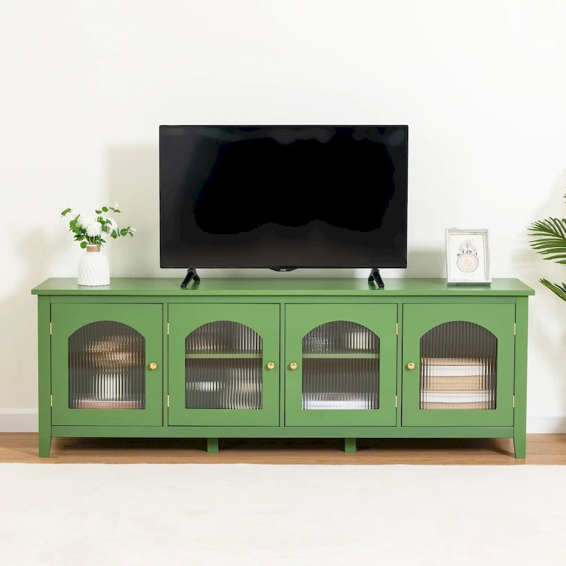 Antique White TV Stand with Arched Glass Doors and Pine Frame