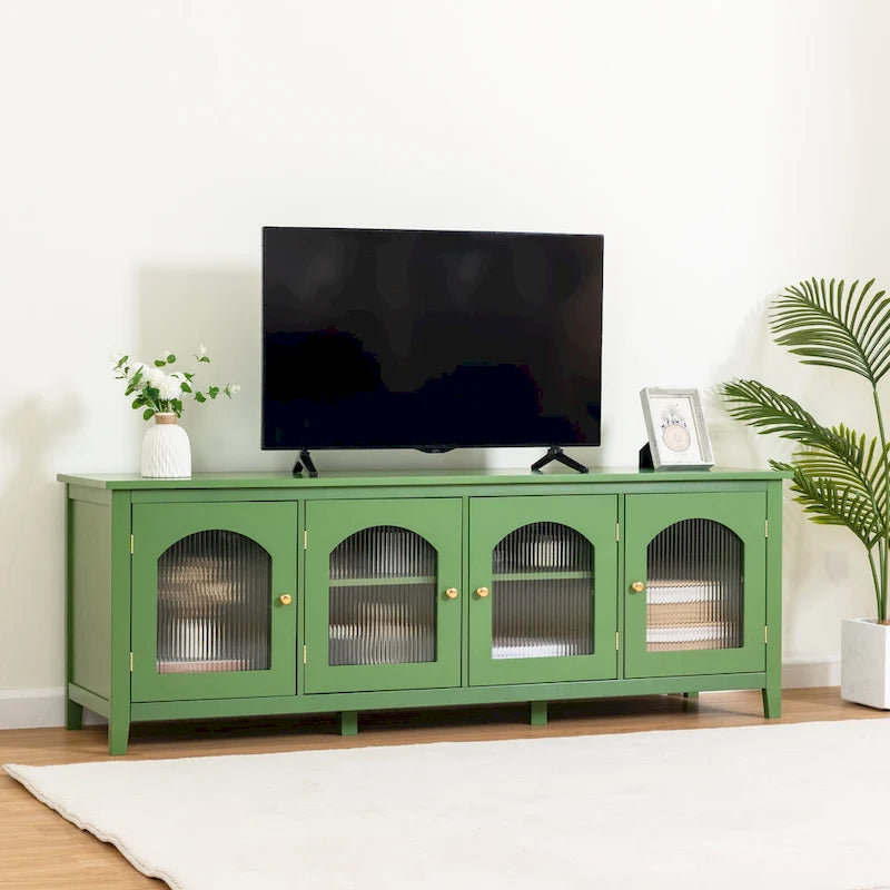 Antique White TV Stand with Arched Glass Doors and Pine Frame