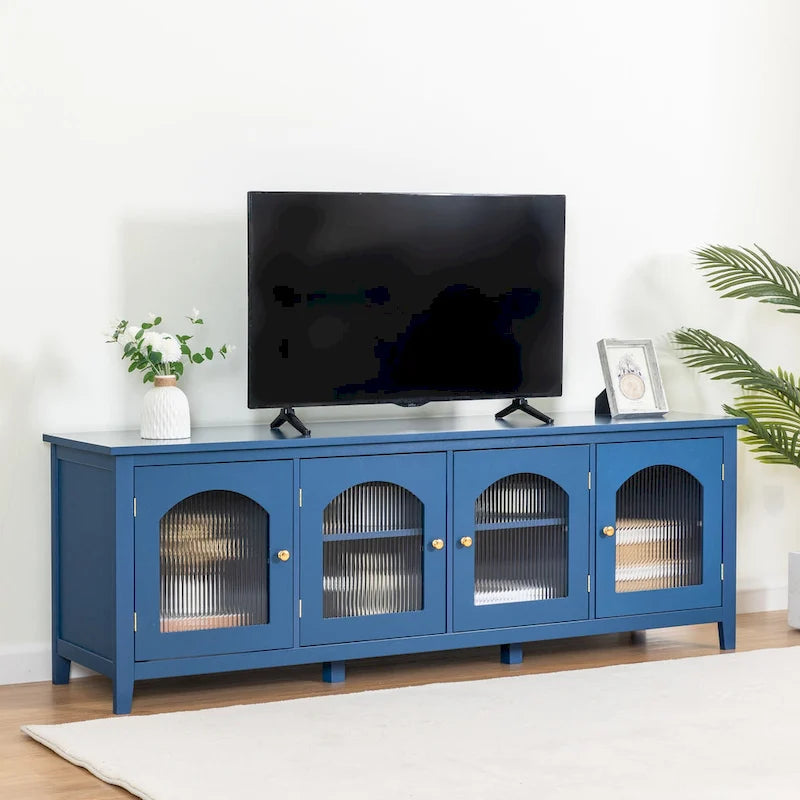 Antique White TV Stand with Arched Glass Doors and Pine Frame