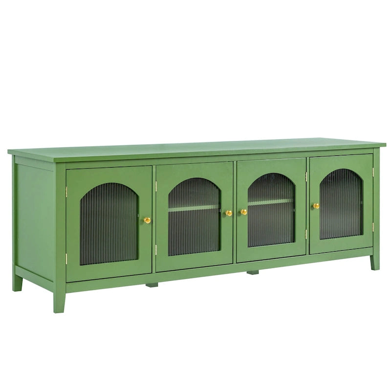 Antique White TV Stand with Arched Glass Doors and Pine Frame
