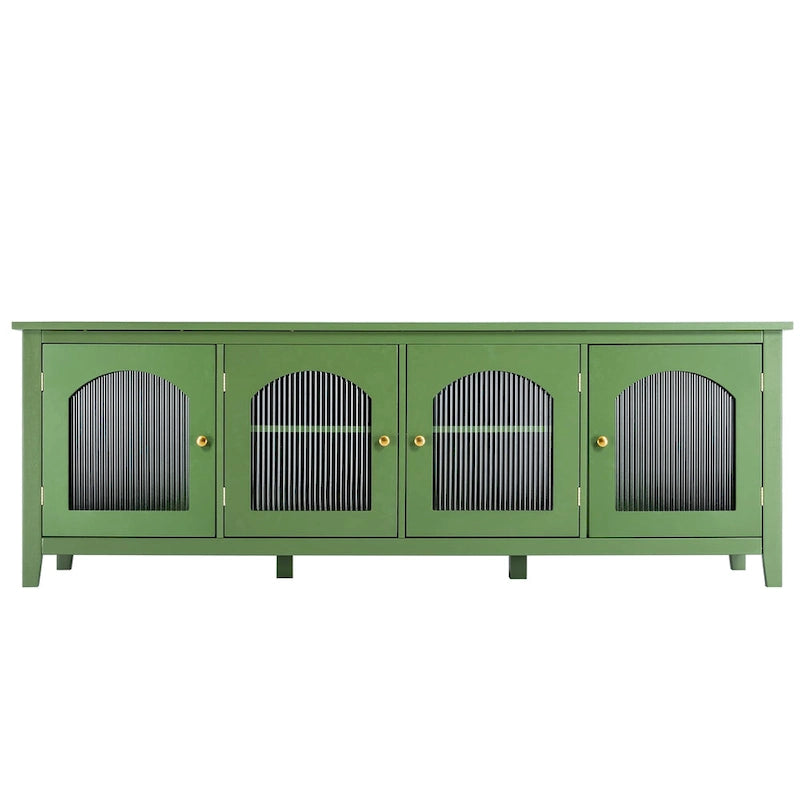 Antique White TV Stand with Arched Glass Doors and Pine Frame