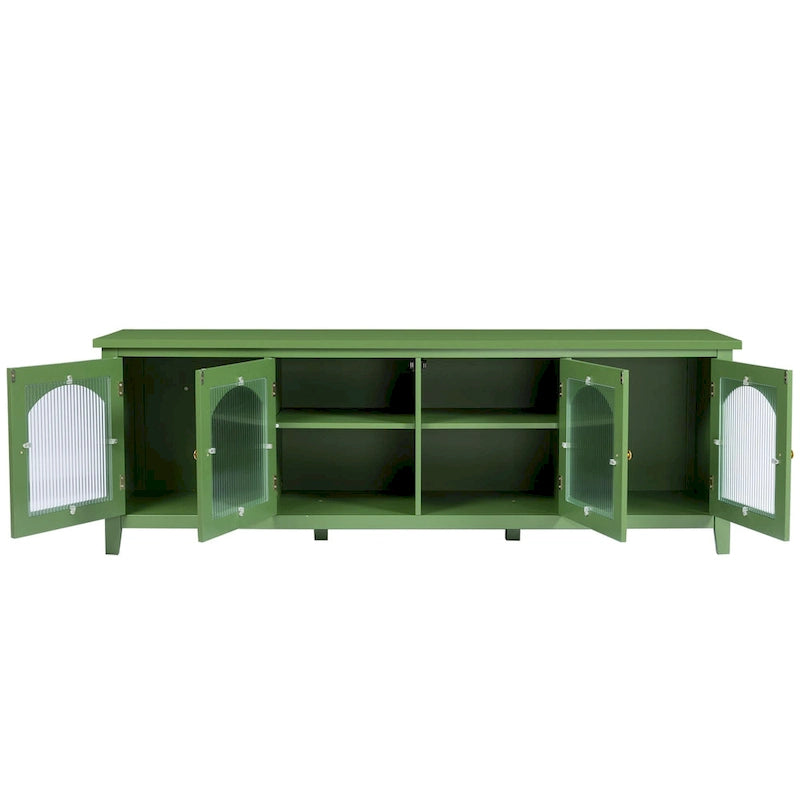 Antique White TV Stand with Arched Glass Doors and Pine Frame
