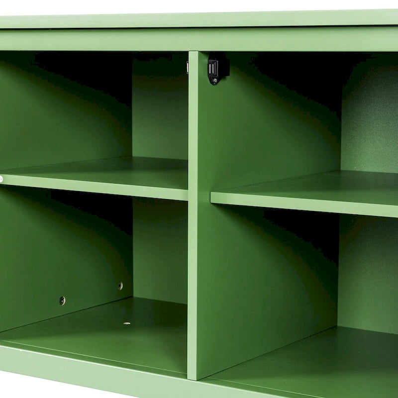Antique White TV Stand with Arched Glass Doors and Pine Frame