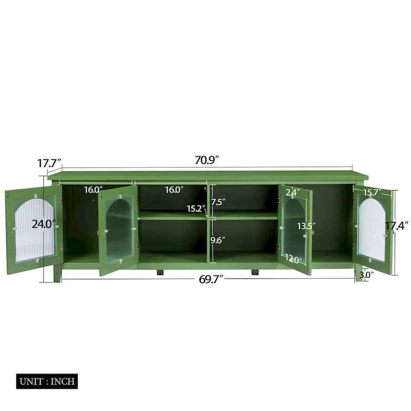 Antique White TV Stand with Arched Glass Doors and Pine Frame
