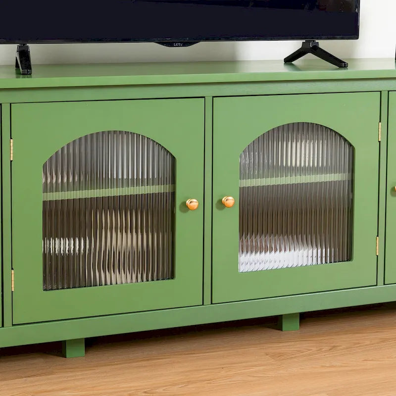 Antique White TV Stand with Arched Glass Doors and Pine Frame