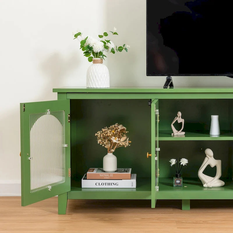 Antique White TV Stand with Arched Glass Doors and Pine Frame