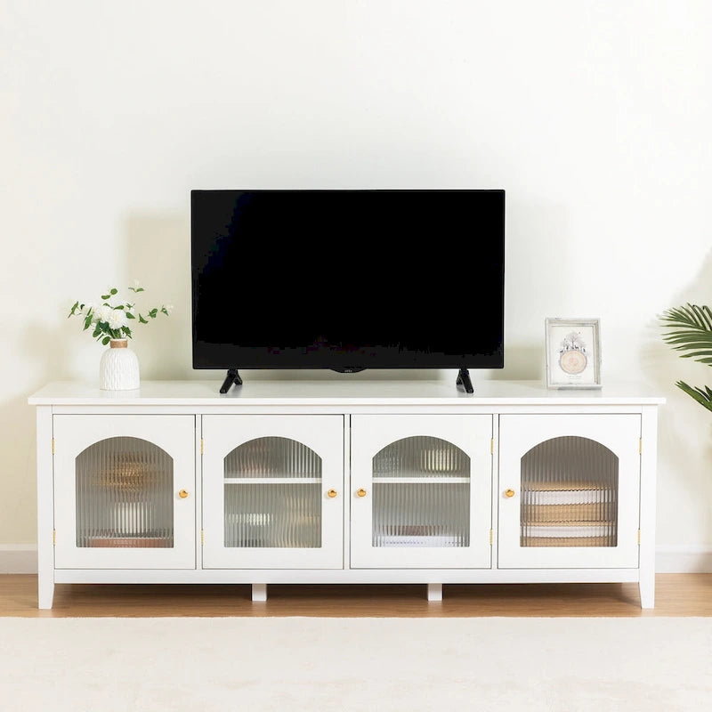 Antique White TV Stand with Arched Glass Doors and Pine Frame