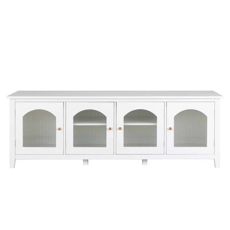 Antique White TV Stand with Arched Glass Doors and Pine Frame