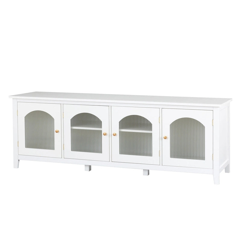 Antique White TV Stand with Arched Glass Doors and Pine Frame