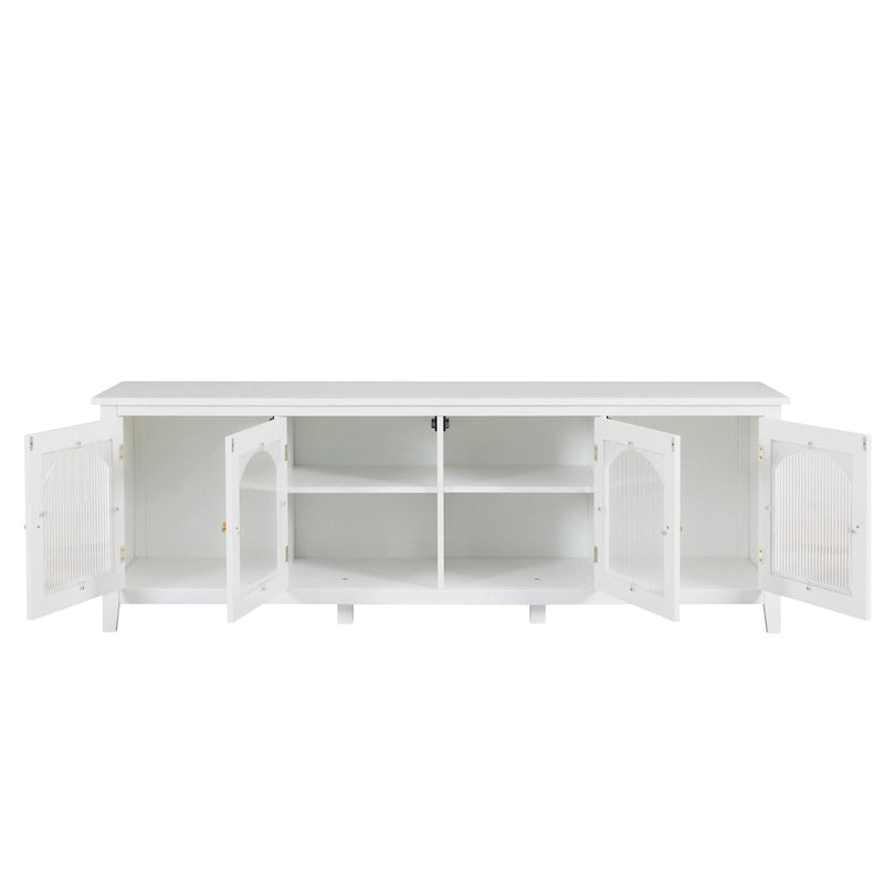 Antique White TV Stand with Arched Glass Doors and Pine Frame
