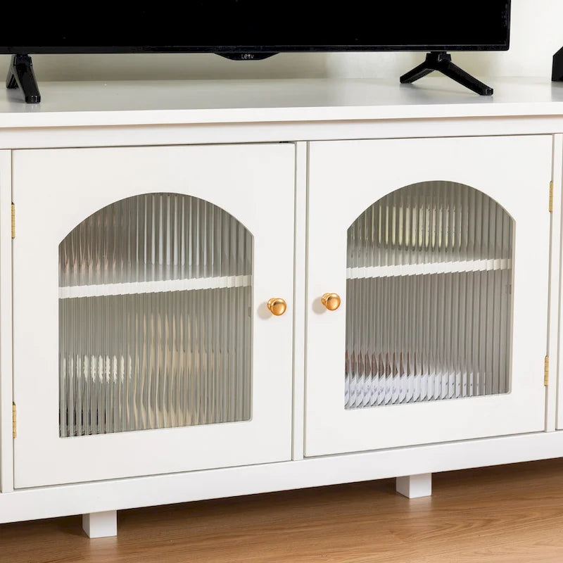 Antique White TV Stand with Arched Glass Doors and Pine Frame