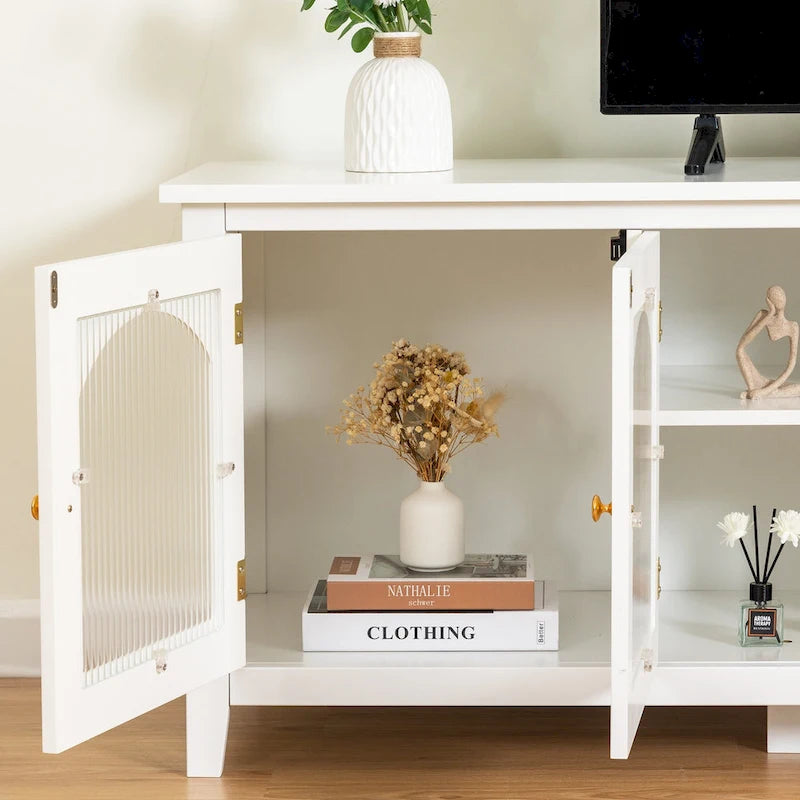 Antique White TV Stand with Arched Glass Doors and Pine Frame