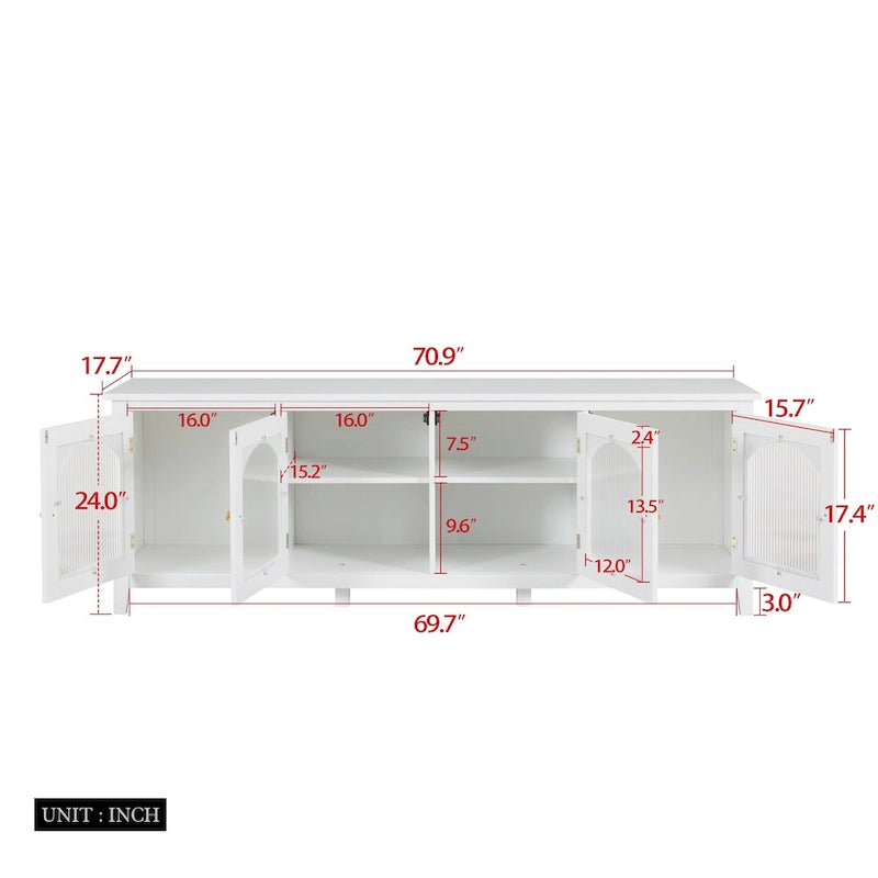 Antique White TV Stand with Arched Glass Doors and Pine Frame