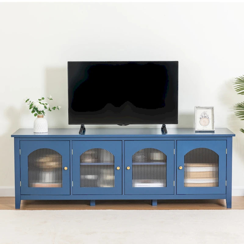 Antique White TV Stand with Arched Glass Doors and Pine Frame