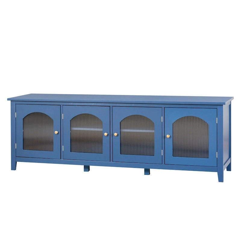 Antique White TV Stand with Arched Glass Doors and Pine Frame