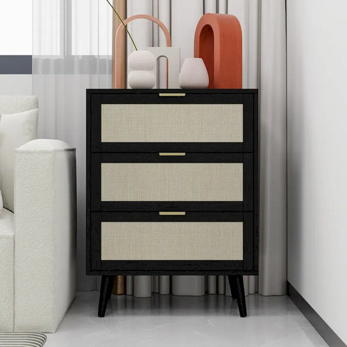 3-Drawer Rattan Storage Cabinet with Pine Wood Legs, Multi-Color
